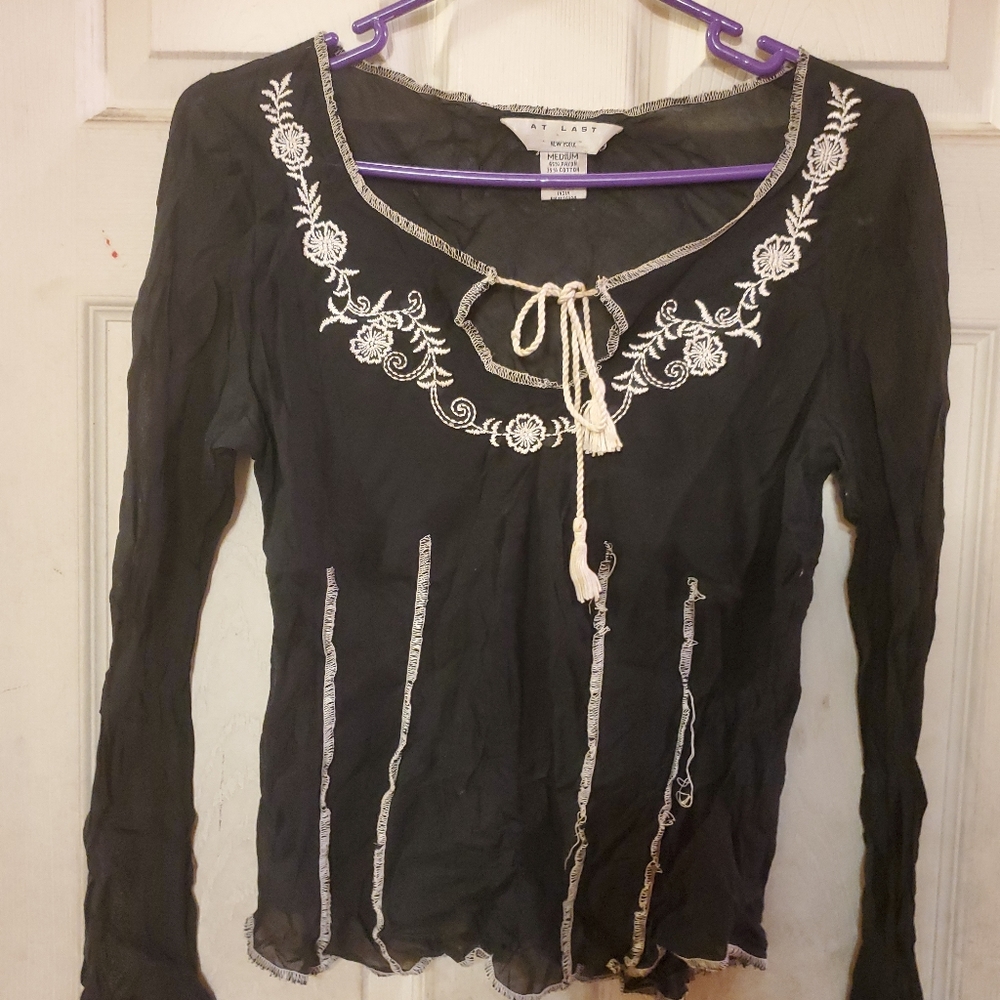 At Last New York Blouse. MEDIUM. Black with yellow decorations. Made In India.